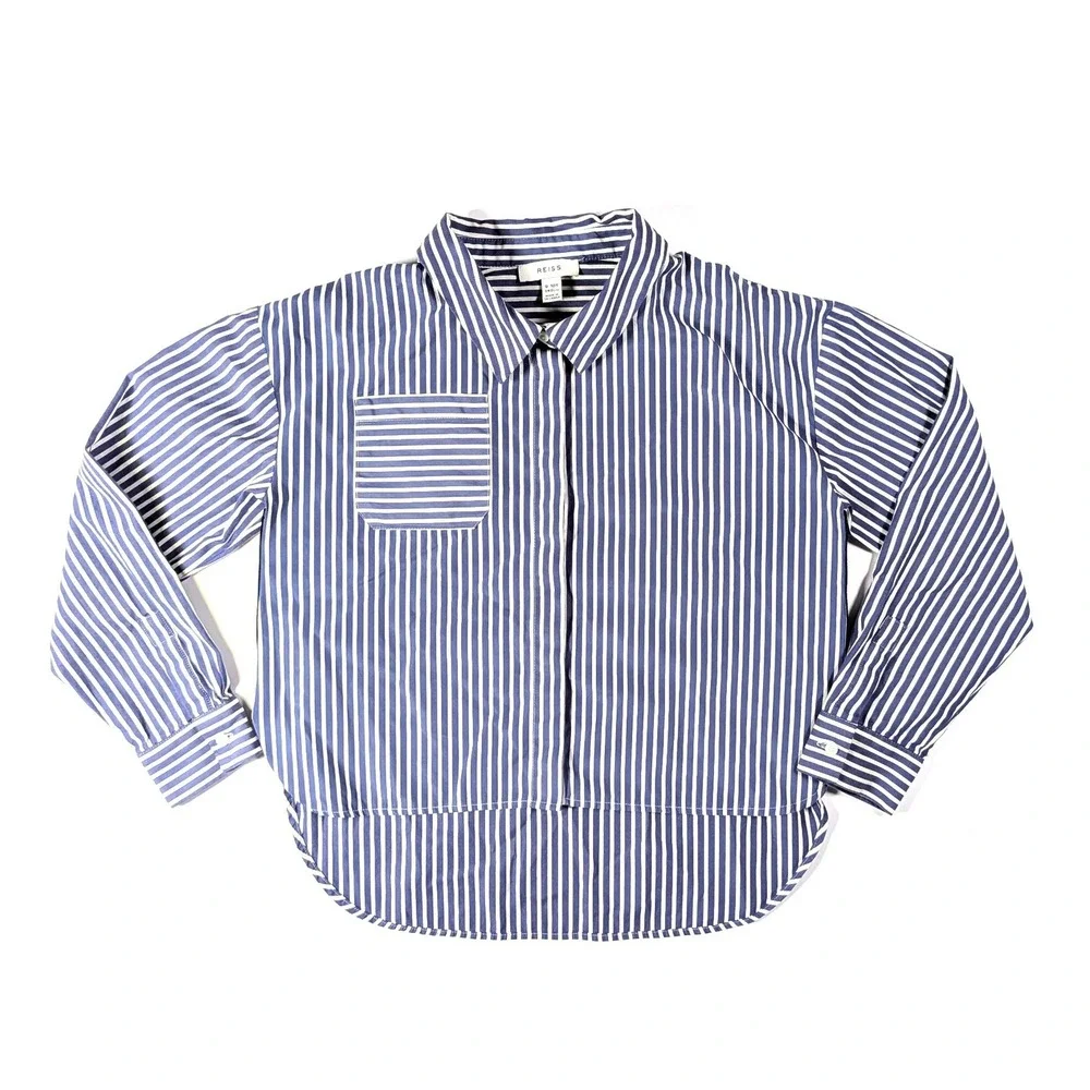 Reiss Danica Striped Cotton Shirt Blue Kids Button Down High Low Size 9-10Y